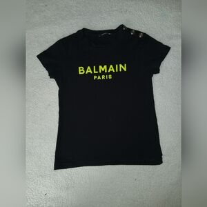 Kids Balmain Paris Black Tee with Neon Yellow Logo